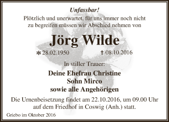 Traueranzeige von Jörg Wilde von WVG - Wochenspiegel Dessau / Köthen