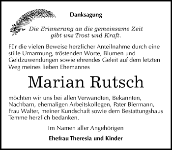 Traueranzeige von Marian Rutsch von Mitteldeutsche Zeitung Bitterfeld
