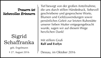 Traueranzeige von Sigrid Schaffranka von Mitteldeutsche Zeitung Dessau-Roßlau