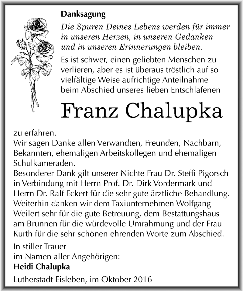  Traueranzeige für Franz Chalupka vom 29.10.2016 aus Mitteldeutsche Zeitung Mansfelder Land