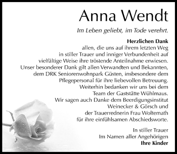 Traueranzeige von Anna Wendt von Mitteldeutsche Zeitung Bernburg