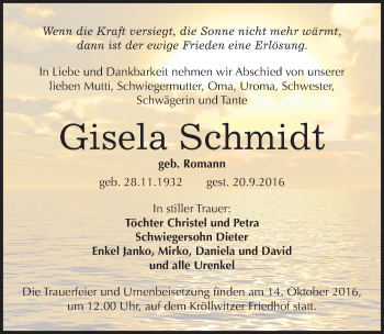 Traueranzeige von Gisela Schmidt von Mitteldeutsche Zeitung Halle/Saalkreis