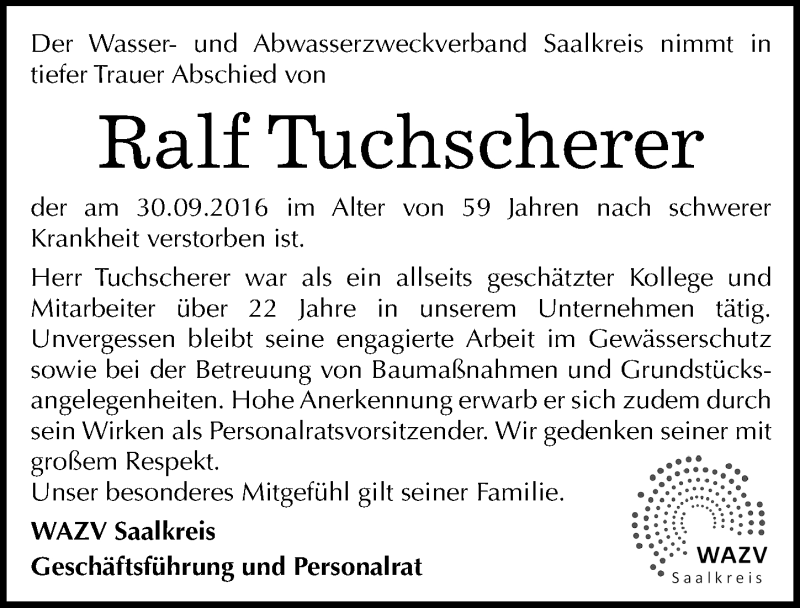  Traueranzeige für Ralf Tuchscherer vom 15.10.2016 aus Mitteldeutsche Zeitung Halle/Saalkreis