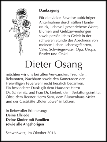 Traueranzeige von Dieter Osang von Super Sonntag Merseburg