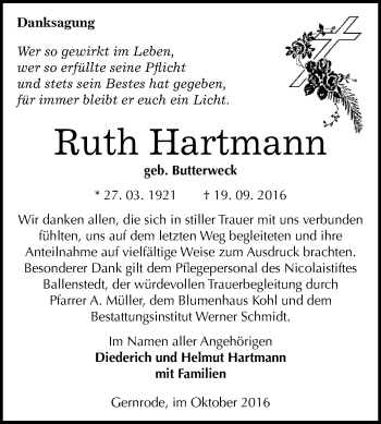 Traueranzeige von Ruth Hartmann von WVG - Wochenspiegel Quedlinburg