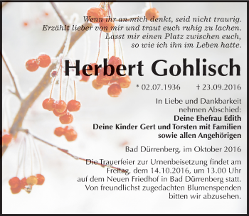 Traueranzeige von Herbert Gohlisch von Mitteldeutsche Zeitung Merseburg/Querfurt