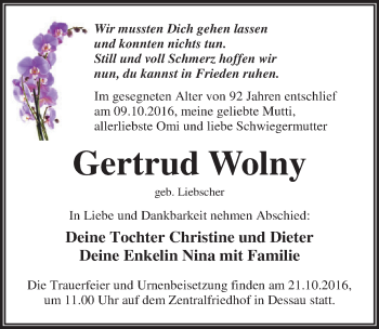 Traueranzeige von Gertrud Wolny von Mitteldeutsche Zeitung Dessau-Roßlau