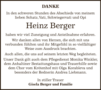 Traueranzeige von Heinz Berger von WVG - Wochenspiegel Dessau / Köthen