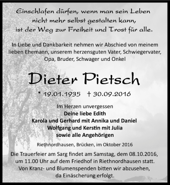 Traueranzeige von Dieter Pietsch von Mitteldeutsche Zeitung Sangerhausen