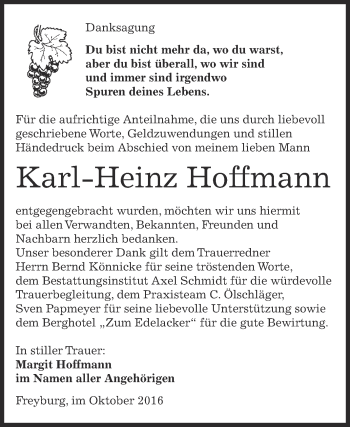 Traueranzeige von Karl-Heinz Hoffmann von WVG - Wochenspiegel NMB / WSF / ZTZ