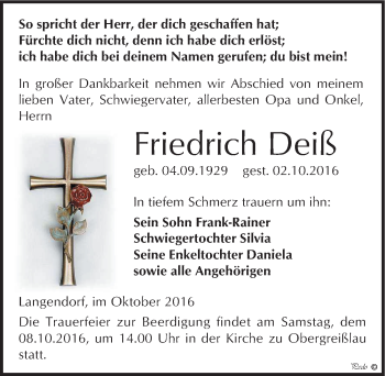 Traueranzeige von Friedrich Deiß von Mitteldeutsche Zeitung Weißenfels