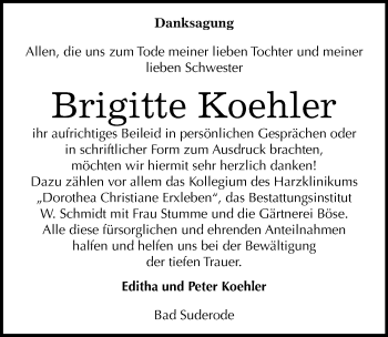 Traueranzeige von Brigitte Koehler von Mitteldeutsche Zeitung Quedlinburg