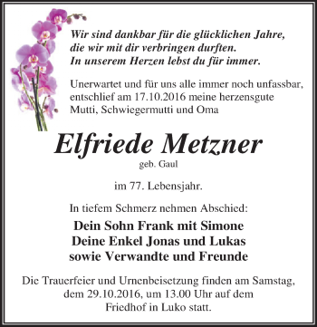Traueranzeige von Elfriede Metzner von Mitteldeutsche Zeitung Dessau-Roßlau