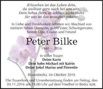 Traueranzeige von Peter Bilke von Mitteldeutsche Zeitung Naumburg/Nebra