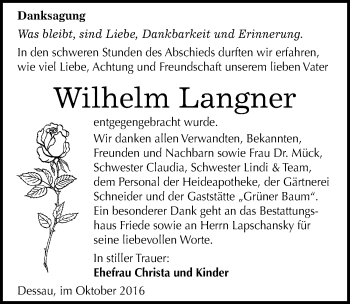 Traueranzeige von Wilhelm Langner von Mitteldeutsche Zeitung Dessau-Roßlau