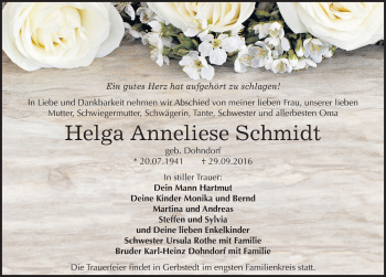 Traueranzeige von Helga Anneliese Schmidt von Mitteldeutsche Zeitung Mansfelder Land