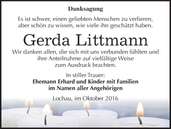 Traueranzeige von Gerda Littmann von Mitteldeutsche Zeitung Merseburg/Querfurt