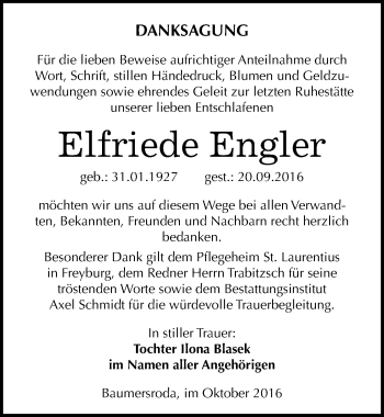 Traueranzeige von Elfriede Engler von Mitteldeutsche Zeitung Naumburg/Nebra