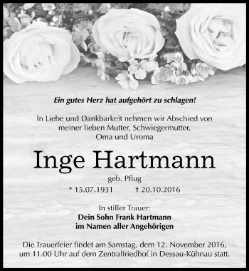 Traueranzeige von Inge Hartmann von Mitteldeutsche Zeitung Dessau-Roßlau