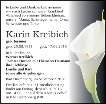 Traueranzeige von Karin Kreibich von Mitteldeutsche Zeitung Merseburg/Querfurt