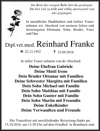 Traueranzeige von Reinhard Franke von Mitteldeutsche Zeitung Dessau-Roßlau