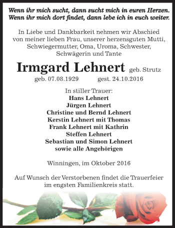 Traueranzeige von Irmgard Lehnert von Mitteldeutsche Zeitung Aschersleben