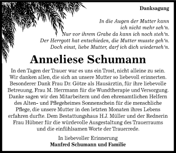 Traueranzeige von Anneliese Schumann von Mitteldeutsche Zeitung Aschersleben