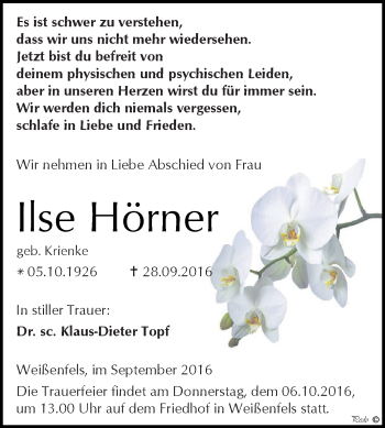 Traueranzeige von Ilse Hörner von WVG - Wochenspiegel NMB / WSF / ZTZ