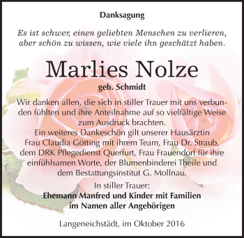 Traueranzeige von Marlies Nolze von Mitteldeutsche Zeitung Merseburg/Querfurt