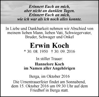 Traueranzeige von Erwin Koch von Mitteldeutsche Zeitung Sangerhausen
