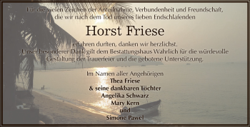 Traueranzeige von Horst Friese von Wochenspiegel Mansfelder Land