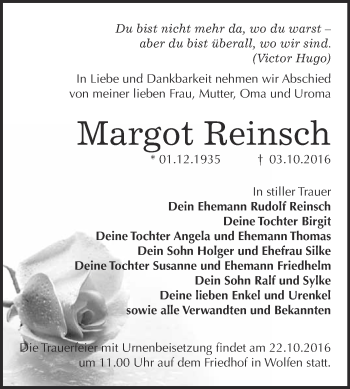 Traueranzeige von Margot Reinsch von WVG - Wochenspiegel Bitterfeld