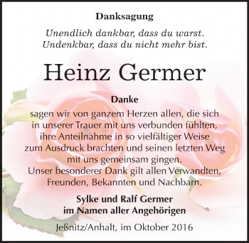 Traueranzeige von Heinz Germer von Mitteldeutsche Zeitung Bitterfeld