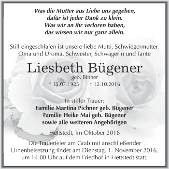 Traueranzeige von Liesbeth Bügener von Wochenspiegel Mansfelder Land