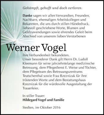 Traueranzeige von Werner Vogel von Wochenspiegel Mansfelder Land