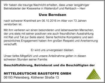 Traueranzeige von Uwe Berndsen von Mitteldeutsche Zeitung Weißenfels