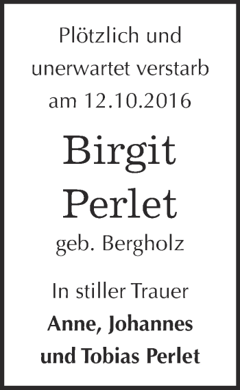 Traueranzeige von Birgit Perlet von WVG - Wochenspiegel Dessau / Köthen