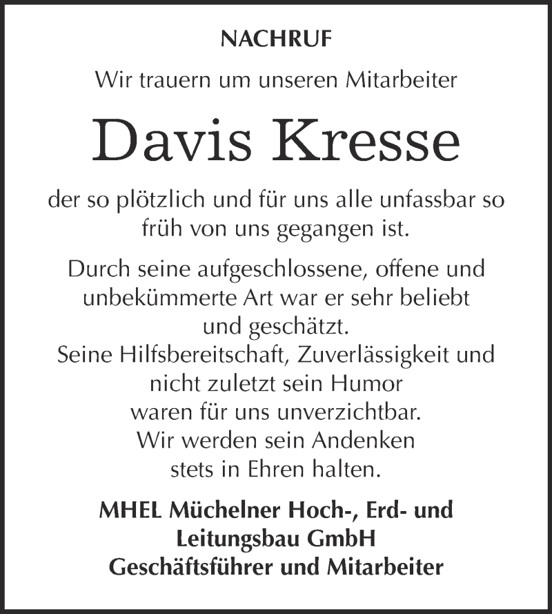  Traueranzeige für Davis Kresse vom 15.10.2016 aus WVG - Wochenspiegel Merseburg