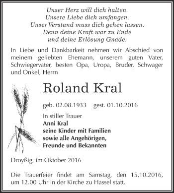 Traueranzeige von Roland Kral von Super Sonntag Zeitz