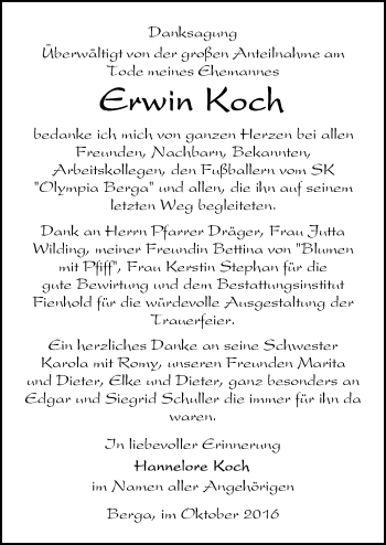 Traueranzeige von Erwin Koch von Mitteldeutsche Zeitung Sangerhausen