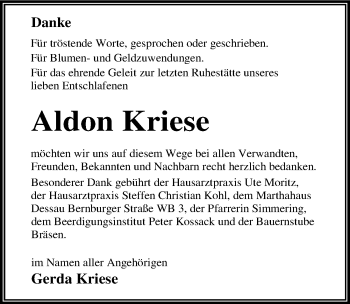 Traueranzeige von Aldon Kriese von Mitteldeutsche Zeitung Wittenberg