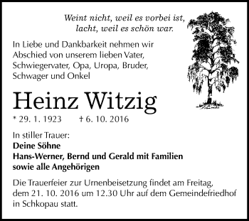 Traueranzeige von Heinz Witzig von WVG - Wochenspiegel Merseburg