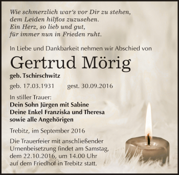 Traueranzeige von Gertrud Mörig von Mitteldeutsche Zeitung Wittenberg