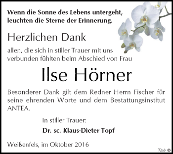 Traueranzeige von Ilse Hörner von WVG - Wochenspiegel NMB / WSF / ZTZ