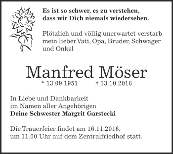 Traueranzeige von Manfred Möser von WVG - Wochenspiegel Dessau / Köthen