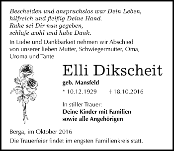Traueranzeige von Elli Dikscheit von Mitteldeutsche Zeitung Sangerhausen