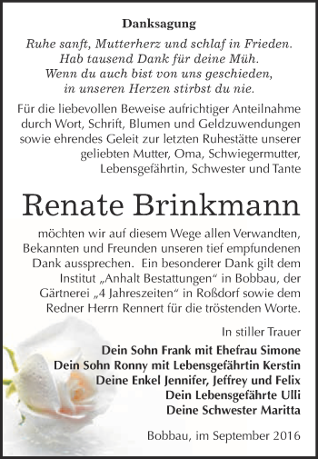 Traueranzeige von Renate Brinkmann von WVG - Wochenspiegel Bitterfeld