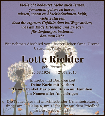 Traueranzeige von Lotte Richter von WVG - Wochenspiegel NMB / WSF / ZTZ