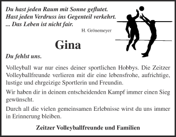 Traueranzeige von Gina  von Super Sonntag Zeitz