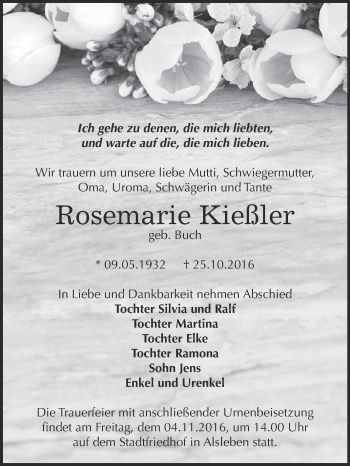 Traueranzeige von Rosemarie Kießler von Super Sonntag Bernburg
